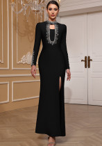 Women Black Long Sleeve Beaded Split Bandage Party Dance Evening Dress