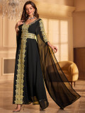 Plus Size Arabian Costume Women Black Long Sleeve Lace Patchwork V-Neck with Belt Dress