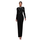 Women Black Long Sleeve Evening Bandage Beaded Bell Bottom Jumpsuit