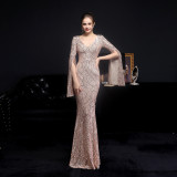 Autumn occasional sheer sequin V-Neck mermaid evening dress