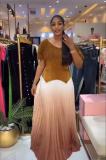 Pleated solid color v-neck top gradient pleated long skirt two-piece set for women