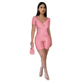 Women's clothing fashion solid color reflective pleated v-neck pants two-piece set