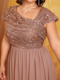 Women V Neck Pleated and Elegant Sequin Patchwork Chiffon Dress