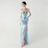 Women Beaded Tube Fishbone Lace-Up Sequin Formal Party Evening Dress