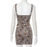 Women Leopard Print Sleeveless Hook-and-loop Vest Top And Skirt Two-piece Set