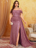 Women Strapless Lace-Up Backless Fishbone Slit Sequin Evening Dress