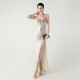 Women Beaded Tube Fishbone Lace-Up Sequin Formal Party Evening Dress