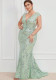 Women V Neck Sleeveless Sequin Patchwork Mesh Bodycon Fishtail Evening Dress