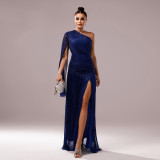 Women One-Shoulder Slash Shoulder Long Sleeve Slit Formal Party Evening Dress
