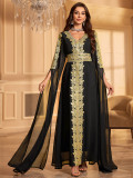 Plus Size Arabian Costume Women Black Long Sleeve Lace Patchwork V-Neck with Belt Dress
