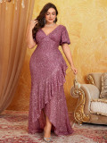 Women Sequin Short Sleeve V Neck Evening Sexy Dress