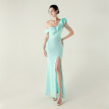 Women one-shoulder pleated ruffled beaded chain sequined Formal Party evening dress