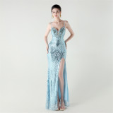 Women Beaded Tube Fishbone Lace-Up Sequin Formal Party Evening Dress