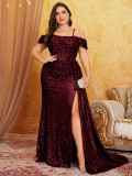 Women Strapless Lace-Up Backless Fishbone Slit Sequin Evening Dress