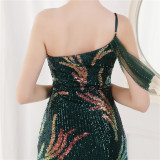 Summer Sequin One Shoulder Slit Long Evening Dress