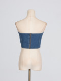 Women Sexy Blue Heart Print Patchwork Strapless Denim Top