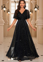 Women V-Neck Solid Ruffle Sleeve Pleated Elegant Sequin Evening Dress