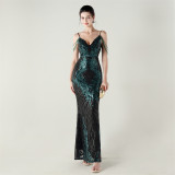 Women dangling beaded chain embroidered sequined V Neck Backless Formal Party evening dress