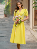 Summer solid color v-neck lantern sleeve slim dress