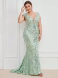 Women V Neck Sleeveless Sequin Patchwork Mesh Bodycon Fishtail Evening Dress