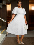 Flower Jacquard Round Neck Career A-line Dress
