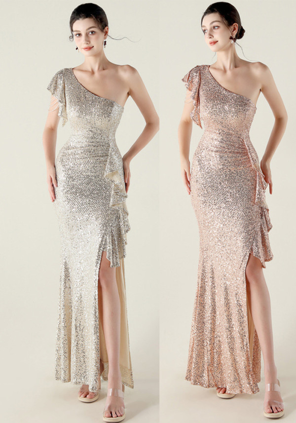 Women one-shoulder ruffled dangling beaded chain sequined Formal Party evening dress