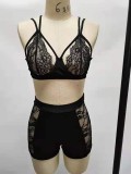 Women Body-fitting Lace Shoulder Strap Lace Two-piece Set