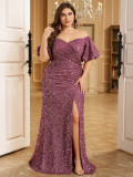 Women Off Shoulder Sequin Bodycon Slit Evening Dress