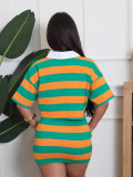 Women Striped Short Sleeve Top and Skirt Two-piece Set