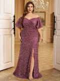 Women Off Shoulder Sequin Bodycon Slit Evening Dress