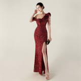 Women one-shoulder pleated ruffled beaded chain sequined Formal Party evening dress