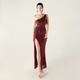Women one-shoulder Slash Shoulder sequined beaded chain Formal Party evening dress