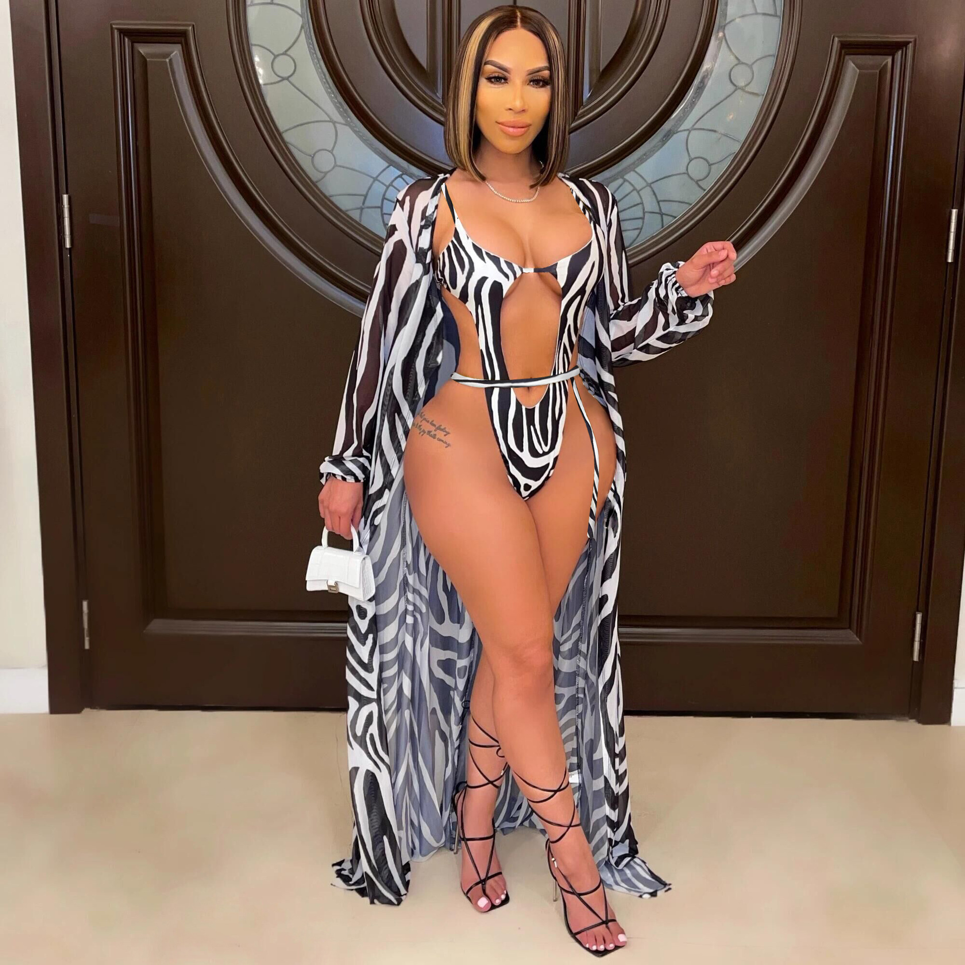 Printed Cape Two-Piece Swimsuit Set for Beachwear