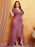 Women Sequin Short Sleeve V Neck Evening Sexy Dress