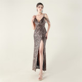 Women V Neck strap sequin beaded sexy Formal Party fishtail evening dress