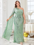 Plus Size Women One Shoulder Slash Shoulder Formal Party Sexy Sequin Evening Dress