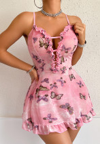 Women Butterfly Printed Ruffle Sexy Backless Suspender Nightdress Sexy Lingerie
