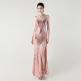 Women Beaded Tube Fishbone Lace-Up Sequin Formal Party Evening Dress