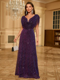 Women Purple Sequin Maxi Evening Dress