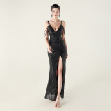 Women V Neck strap sequin beaded sexy Formal Party fishtail evening dress