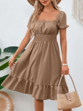 Summer solid color square neck Ruffled A-line dress for women