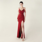Women strap beaded chain Formal Party evening dress