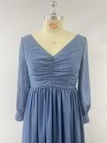 Plus Size Women Long Sleeve Double V-Neck Pleated Evening Dress