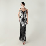 Women dangling beaded chain embroidered sequined V Neck Backless Formal Party evening dress