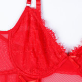 Women Lace Patchwork Lace-Up Bowknot Mesh See-Through Suspender Stockings Sexy Lingerie Two-piece Set