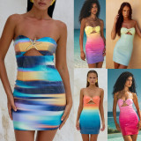 Spring Summer sequined printed strapless slim Holidays women's dress