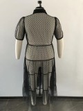 Plus Size Women Polka Dot Mesh Pleated Casual Dress