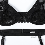 Women Hollow Mesh Wave Ruffle Edge See-Through Sexy Lingerie Set