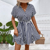 summer Turndown Collar Striped Slim Waist shirt dress