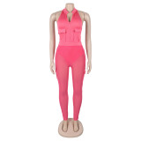 Summer Deep V-Neck Sleeveless Tight-Fitting Bodysuit Pocket Mesh Pants Set